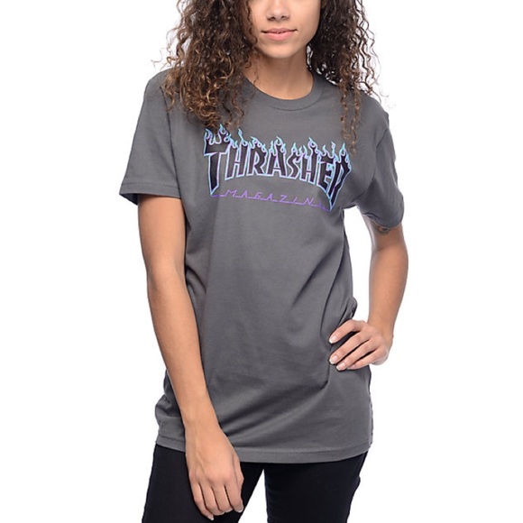 THRASHER Flame Logo Grey Girls Boyfriend Tee - Picture 1 of 3